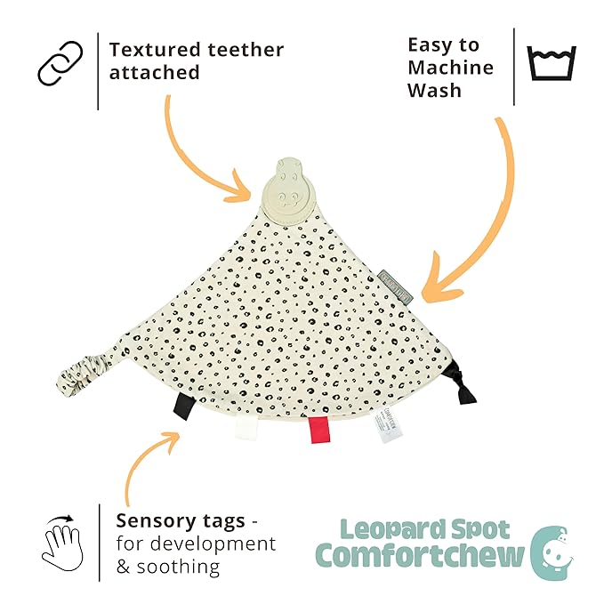 Cheeky Chompers Comfortchew | Baby Lovey with Silicone Teether & Sensory Tags | Soft Fleece Material, Attachable Loop, Machine Washable | (Leopard Spot)
