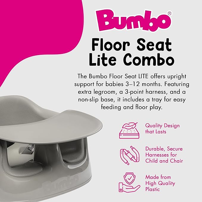 Bumbo Plastic Floor Seat Lite & Tray Combo for Babies 3 to 12 Months, Breige - Lightweight Portable Baby Chair with Large Legroom and 3-Point Harness for Feeding and Play