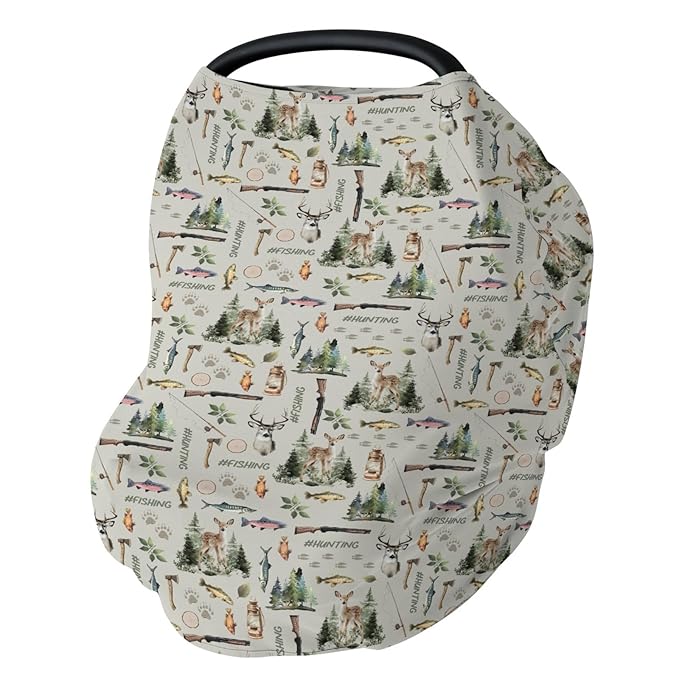 Fishing Hunting Car Seat Cover for Babies Bass Fish Deer Paws Green Forest Stretchy 5-in-1 Cover Adjustable Car Canopy Breastfeeding Cover Nature Hunting Animals Breathable Nursing Cover-Up