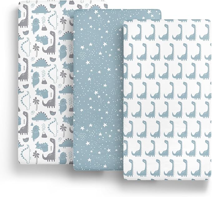 The Peanutshell Mini Crib Fitted Sheets Set, Playard, Pack Play Sheets, Playpen, Dinosaur