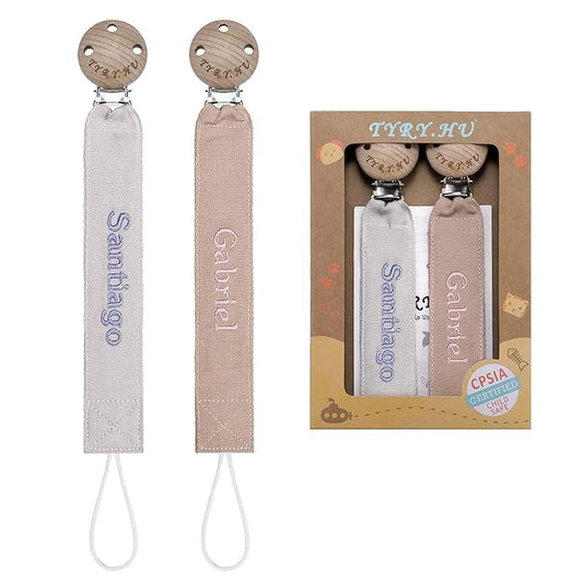 TYRY.HU Personalized Pacifier Clip with Name, Embroidery Pacifier Holder for Baby Girls and Boys, Neutral Binky Clips Universally Fit All Pacifiers, Baby Gift, 2 Pack(Grey,Khaki)