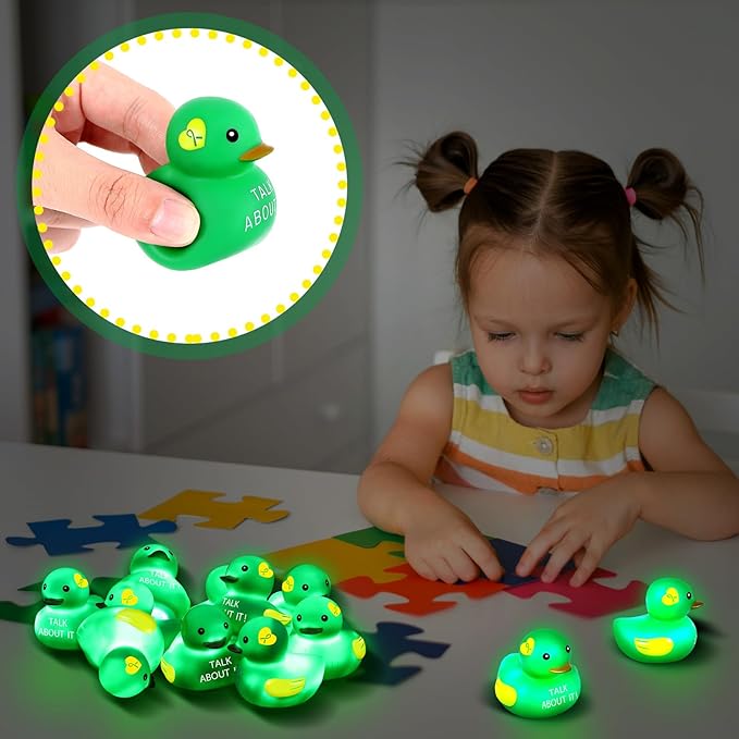 Deekin 24 Pcs LED Light up Mental Health Rubber Duck Mental Health Awareness Items 2'' Green Ribbon Cute Small Rubber Ducks Glow Toy Gifts for Fundraiser Party Supplies