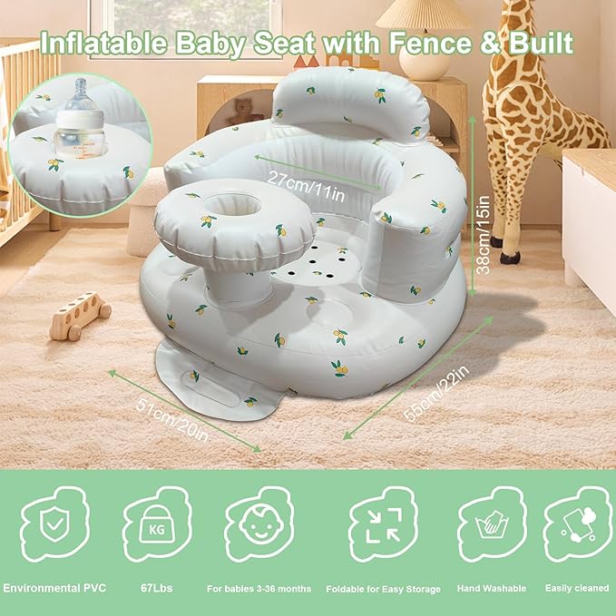 Inflatable Baby Seat for Babies 3-36 Months, Baby Chair with Fence & Built in Air Pump, Blow Up Floor Baby Seat with Back Support, Baby Chair Sit Me Up Olive-Tray
