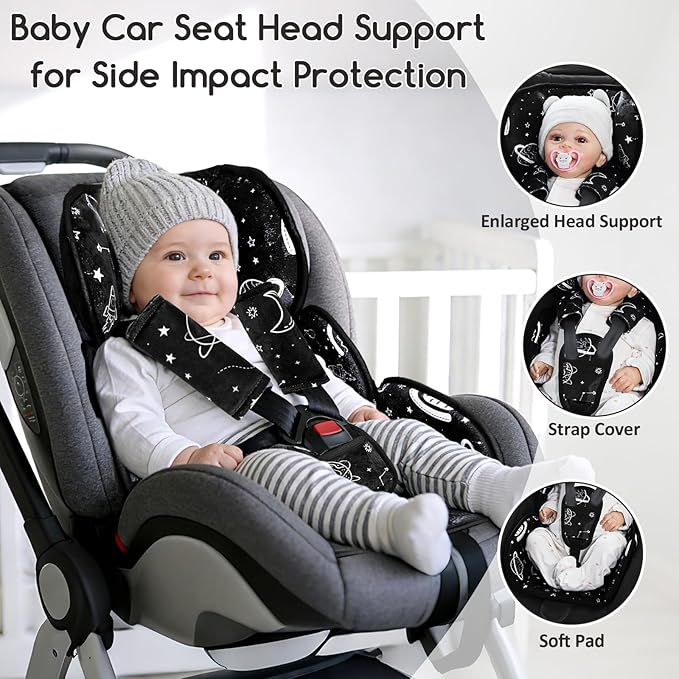 Infant Car Seat Insert with 3 Straps Covers, Ultra-Thick Baby Car Seat Head Support for Side Impact Protection, Minky Dot Baby Car Seat Cushion, Universal Black Carseat Head Support for Newborn