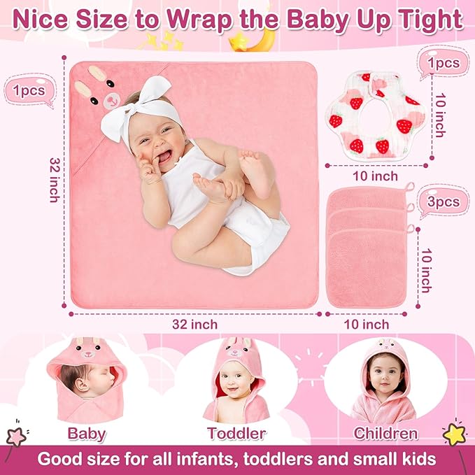 Sublaga 5 Pcs Baby Towels Set, 32x32 in Hooded Bath Towel, 3 Pcs Baby Washcloths and Muslin Baby Bibs for Newborns, Toddlers, and Kids, Baby Towels and Washcloths Set for Boys and Girls (Pink Rabbit)