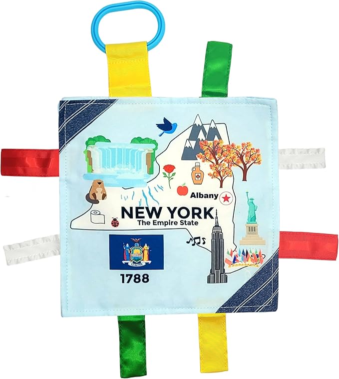 Baby Jack & Co 8x8” Learning Lovey New York State Tag Stroller Toy for Babies - Crinkle Toys for Developing Five Senses - Learn About Capitals - Travel with Baby Jack - BPA Free Clip