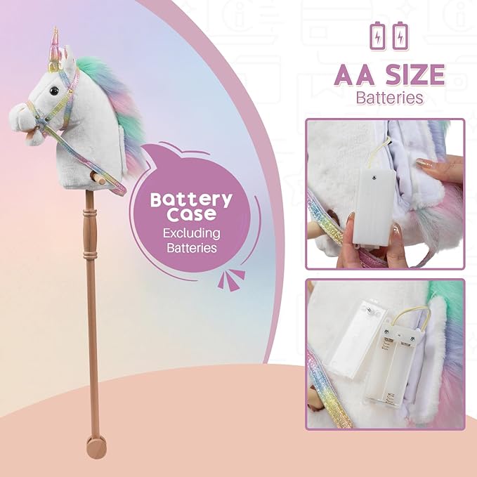 HollyHOME Unicorn Stick Horse with Wood Wheels Real Pony Neighing and Galloping Sounds Unicorn Hobby Horse with Rainbow Glitter Bridle, White 36 Inches(AA Batteries Required)