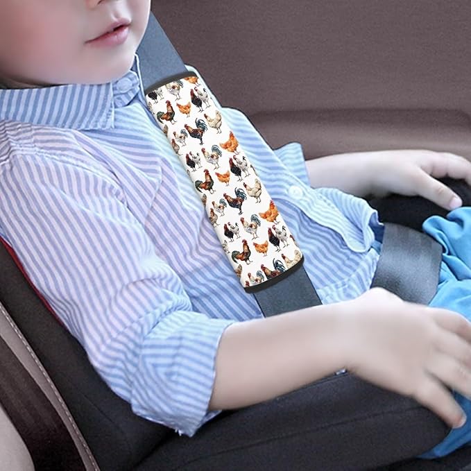 Biyejit Rooster Print Car Seat Belt Pad Cover for Kids, 2-Pack Soft Car Safety Seat Belt Strap Shoulder Pad for Adults Children Shoulder Protector Suitable for Backpack, Shoulder Bag Cover