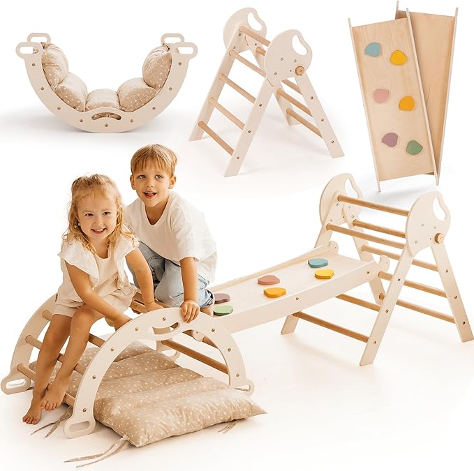 Goodevas 5-in-1 Toddler Climbing Toys Indoor Set - Pikler Triangle, Climbing Arch, Balance Cushion, Montessori Climbing Gym for Toddlers 1-3, Foldable Wooden Baby Activity Center, Jungle Gym for Kids