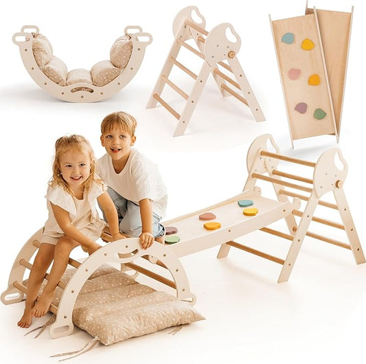 Goodevas 5-in-1 Toddler Climbing Toys Indoor Set - Pikler Triangle, Climbing Arch, Balance Cushion, Montessori Climbing Gym for Toddlers 1-3, Foldable Wooden Baby Activity Center, Jungle Gym for Kids