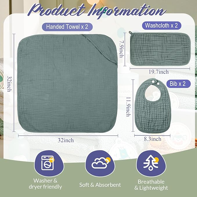 Hahafelt 6 Pcs Muslin Hooded Bath Towels Washcloths and Bibs Set, Muslin Cotton Baby Towels Absorbent Hooded Blanket Towel Infant Bibs for Boys Girls Newborn Infant Essential(Gray, Green)
