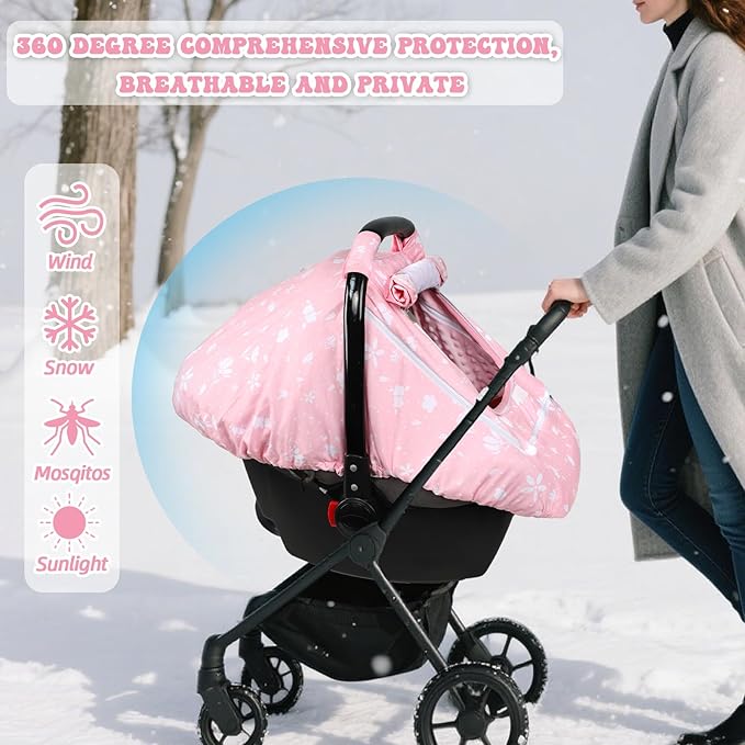 Baby Car Seat Cover for Girls, Infant CarSeat Covers with Mesh Man Fai Sky, Multi-Functional Newborn Canopy Breathable for Summer Winter, Windproof & Universal Fit, Flower