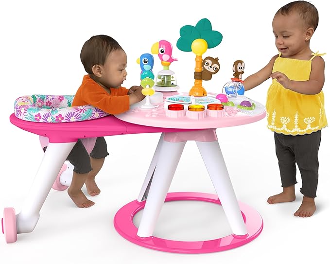 Bright Starts Around We Go 2-in-1 Baby Walker, Discovery Activity Center and Table, Tropic Coral, Ages 6 Months+