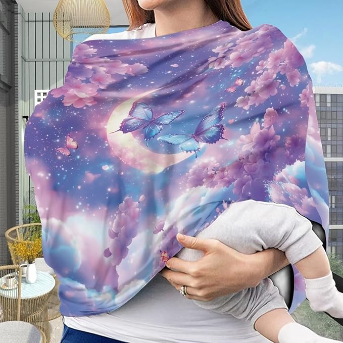 GIFTPUZZ Butterfly Baby Girls Car Seat Cover Canopy, Multi-Use Ultra Soft Nursing Cover Breastfeeding Infant Carseat Canopy, Universal Fit for Stroller High Chair Shopping Cart Canopies
