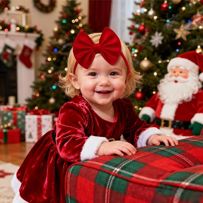 Christmas Velvet Baby Girls Bows Elastic Nylon Headbands Red Green Handmade Christmas Newborn Bows Hairbands Infants Toddlers Hair Accessories