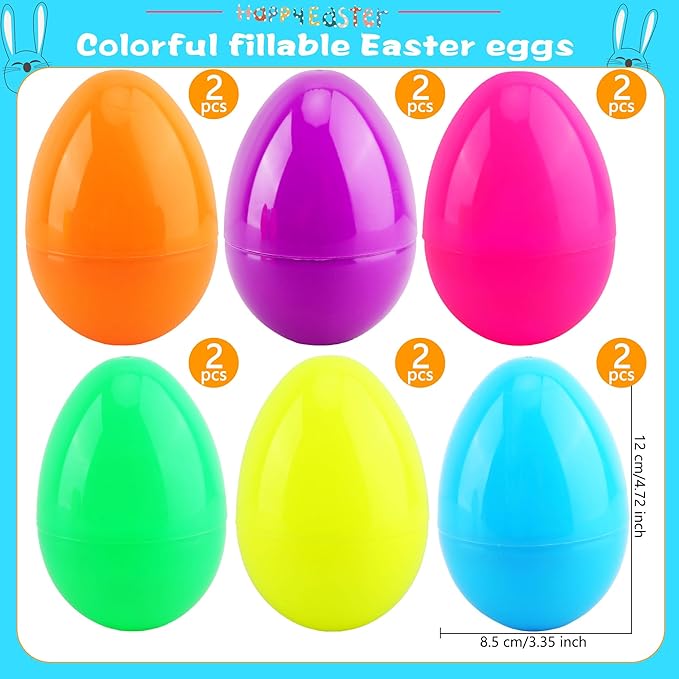 12 Pack 4 Inch/ 5 Inch/ 6 Inch Fillable Easter Eggs Colorful Large Jumbo Plastic Easter Eggs for Easter Basket Fillers Egg Hunt Party Supplies (6 Colors (5 Inch))