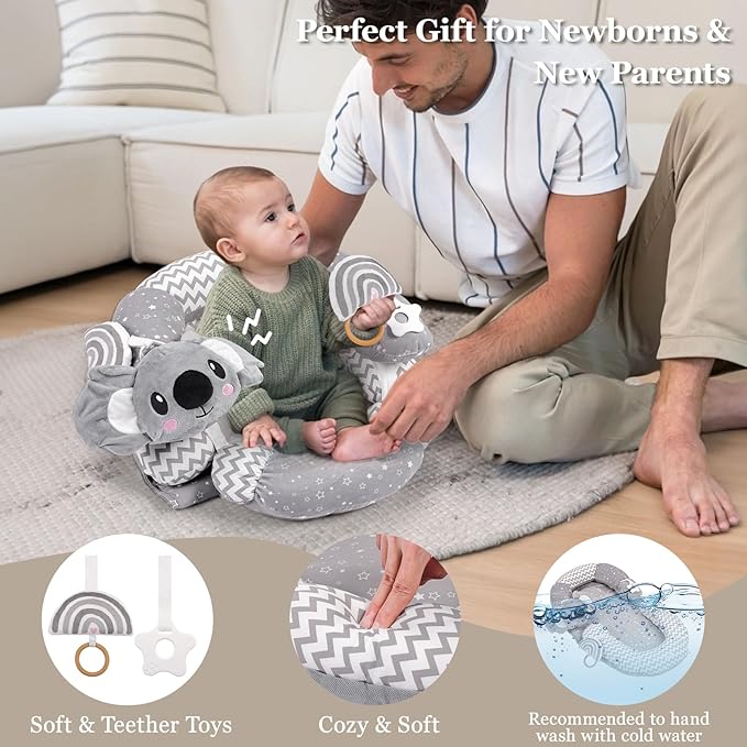4 in 1 Tummy Time Mat with Educational Cards, Play Mat & Sitting Support for Newborn 0-12 Months, Infant Baby Sit Me Up Floor Seat, Sensory Skills Gifts, Koala