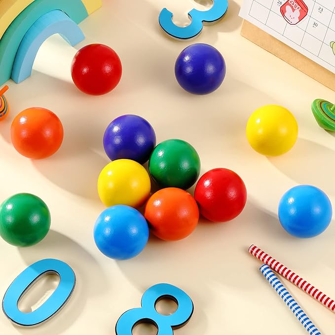 Bucherry 12 Pcs Montessori Wooden Balls 1.8 Inch Wooden Replacement Ball Educational Counting Toys Preschool Learning Material and Stacker Matching(Mixed Color)
