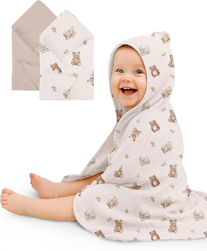 Hooded Baby Towels 2 Pack, Muslin Baby Bath Towels with Hood for Newborn Infant and Toddler, Soft Breathable & Absorbent, 32" x 32" (Teddy & Friends, Heavyweight)