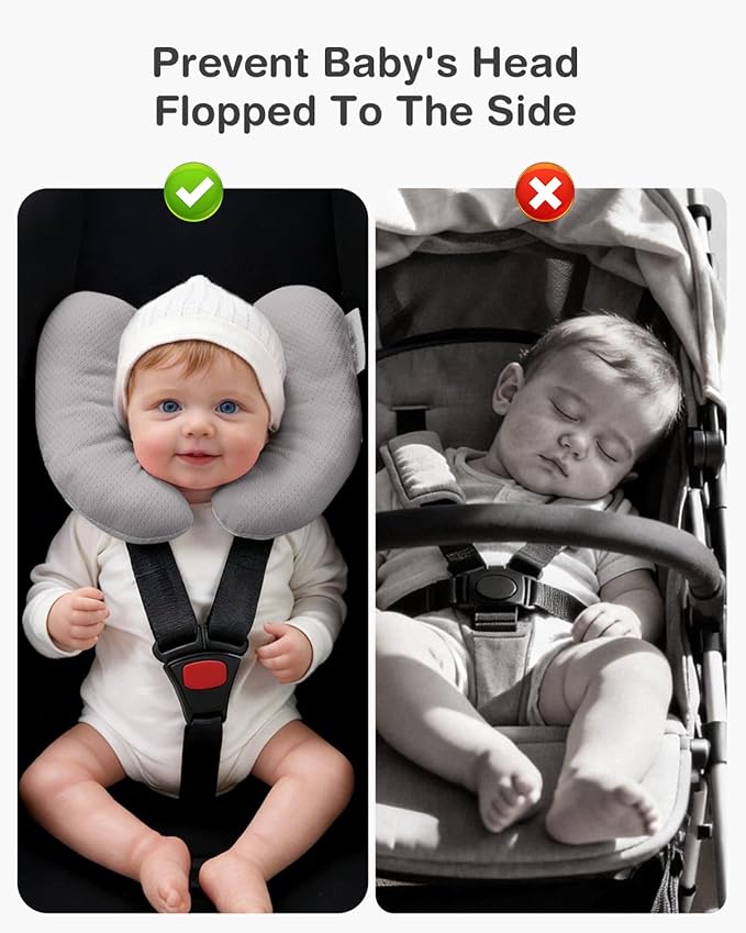 Baby Neck Pillow for Car Seat and Stroller, Adjustable Baby Head Support Pillow for Travel, Soft and Cushiony Torticollis Pillows for Infant and Newborn (Gray)