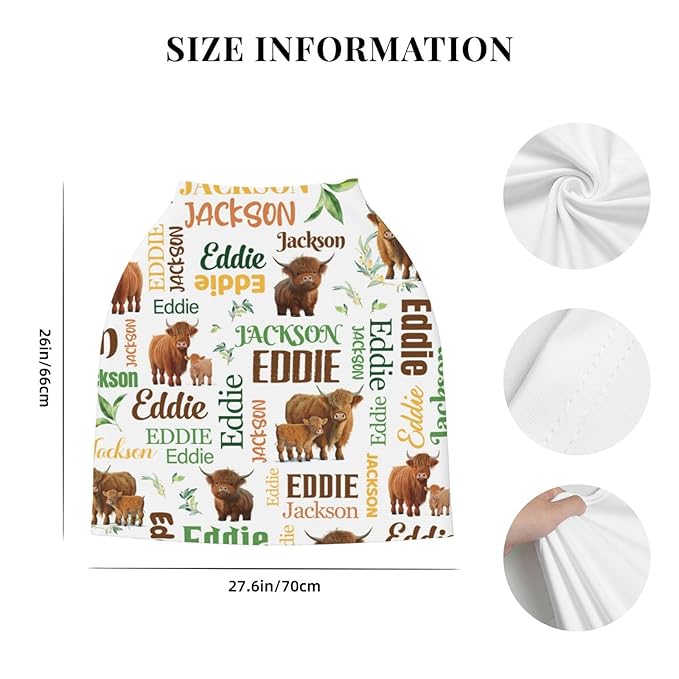 Personalized Baby Car Seat Cover for Boys Girls, Custom High Land Cow Nursing Covers for Breastfeeding with Name, Infant Stroller Cover, Baby Carseat Canopy for Newborn, Multiuse Car Seat Canopies