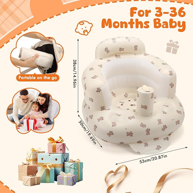 Inflatable Baby Seat for 3-36 Months, Back Support, Built-in Air Pump, Learning to Sit, Blow Up Floor Seat