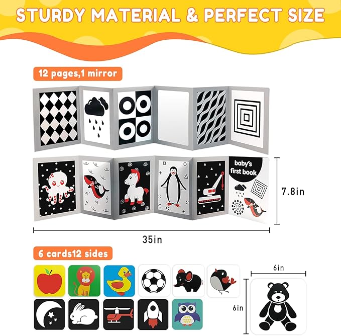 High Contrast Baby Flashcards with Black and White Tummy time Mirror Books, Newborn Brain Development Toys for 0-6 Months Baby as Infants Easter Gift