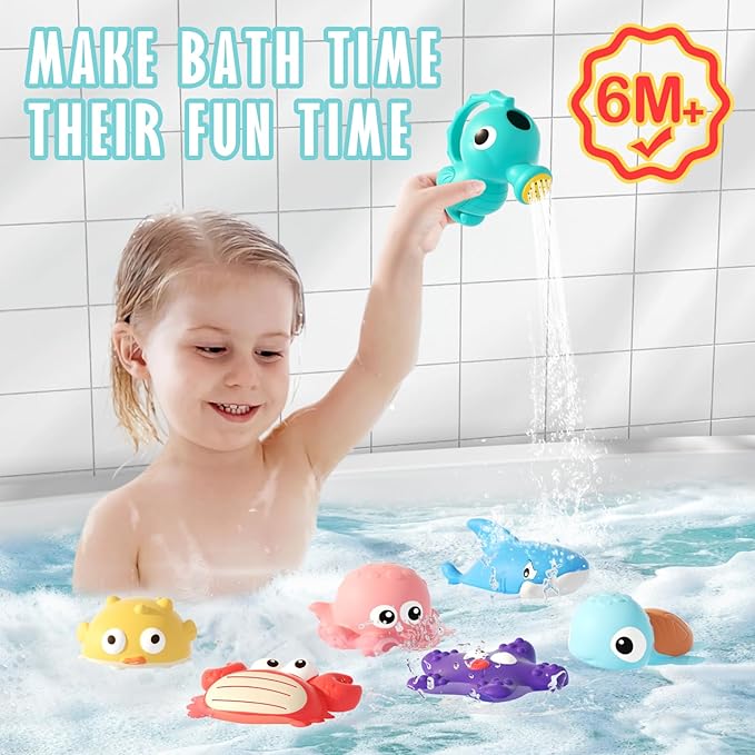 Mold Free Baby Bath Toys for Toddlers 1-3, No Hole Ocean Animal Bathtub Set with Mesh Organizer, Sensory Water Play for Infants 6-12 Months