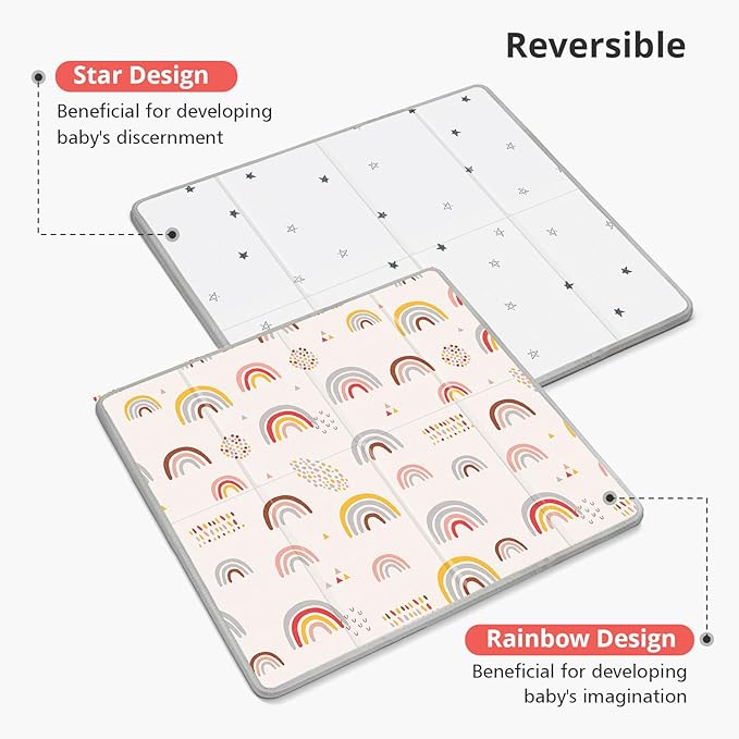 Foldable Baby Play Mat, PIGLOG Waterproof Playmats for Babies and Toddlers Kids, Safe Foam Playmat for Tummy Time, 50x50 Playpen Mat, Reversible Portable Baby Floor Mat for Infant, Toddler(Rainbow)
