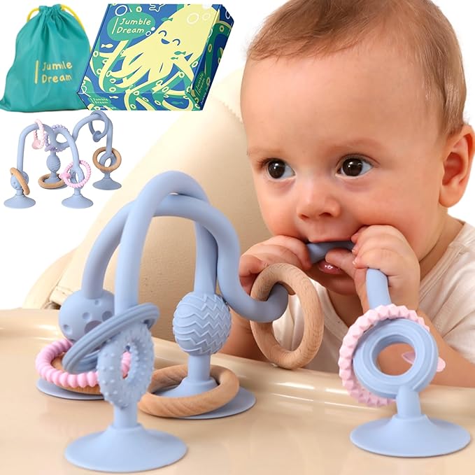 Jumble Jangle Baby Teething Toys – BPA-Free, Multi Purpose High Chair Toys & Sensory Toys for Kids with Autism: Suction Teething Relief with Sensory Toy Textures for Infants and Toddlers (Light Blue)