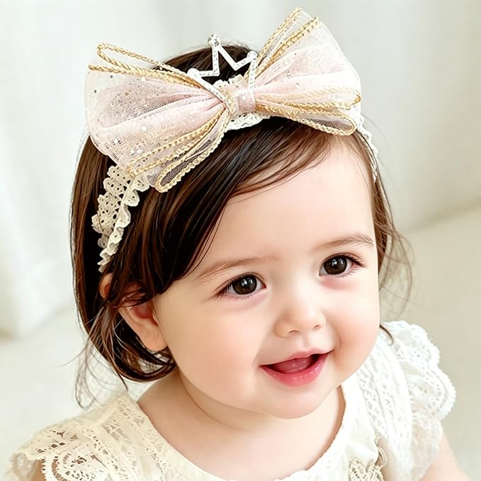 Baby Girls Hairbands Bow Lace Headband Handmade Soft Stretchy Pink Bowknot Hairbands Newborn Hairband with Bows Elastic Hair Bands for Kids Infant(Light Pink Crown Bow)