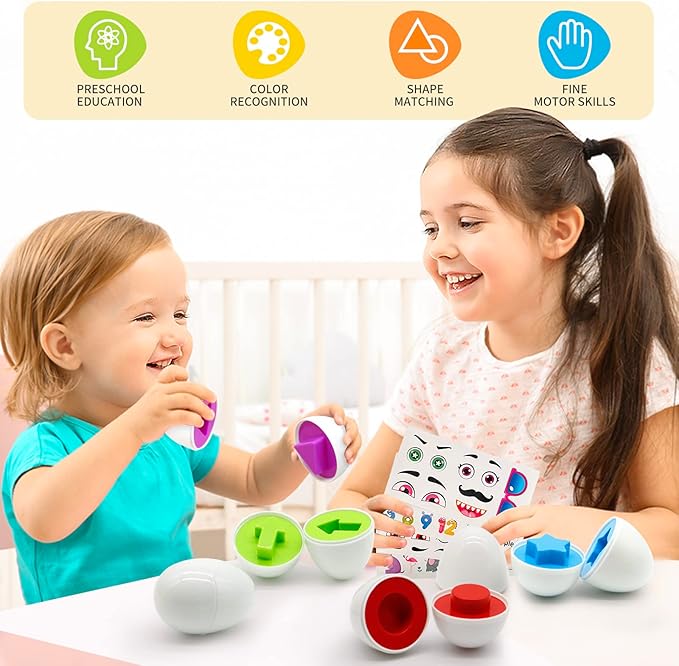 MOONTOY Matching Eggs for Toddlers 1-3, 12PCS Preschool Educational Learning Color & Shape Sorter Sensory Montessori Toy Toddler Easter Eggs Basket Stuffers Gift for 1 2 3 Year Old Kid Baby Boy Girl