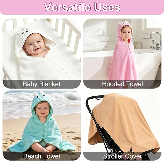 14PCS Baby Bath Towels Set for Newborn, 4PCS Animal Hooded Baby Towels(31.5''x31.5'') & 10PCS Washcloths for Toddler, Soft and Absorbent Coral Fleece, Essential Gifts for Boys & Girls