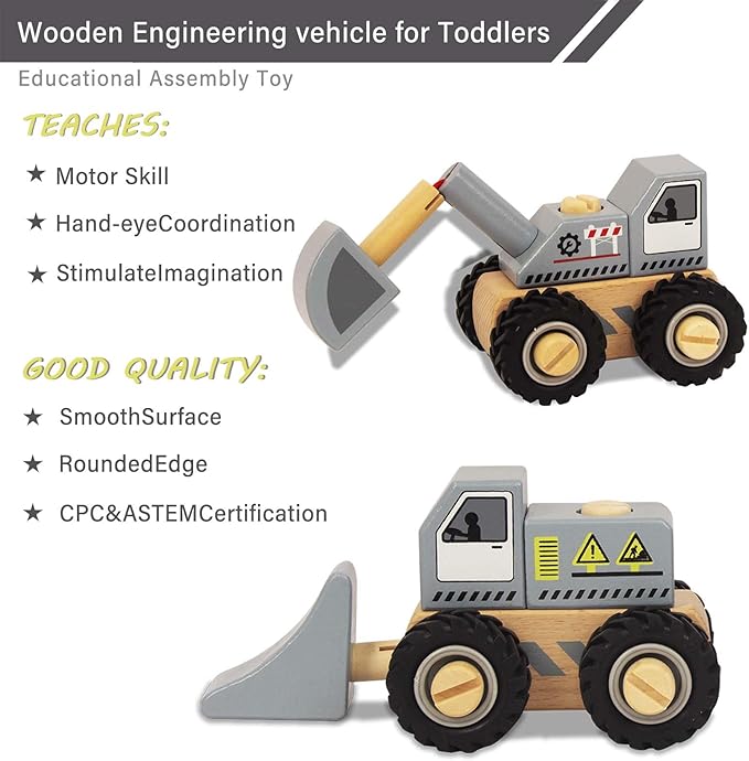 Construction Vehicles for Toddlers, 2 Pcs Wooden Detachable Assemble Bulldozer and Excavator, Kids Vehicle Toys Hand Push Car Toys for 3 Years Old Boys Girls
