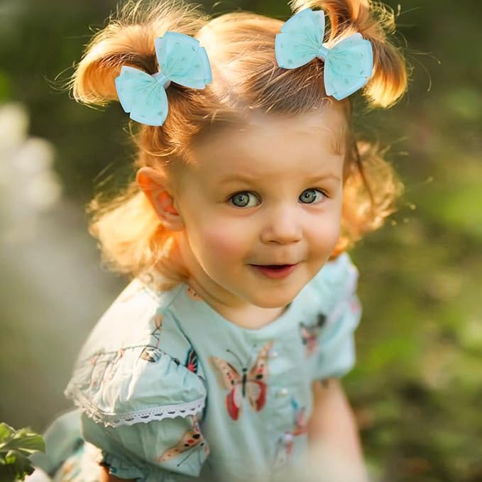 Tiny 3 Inch Dot Organza Double Hair Bow Clips - Cute Lined Boutique Alligator Hairpin for Girls, Toddlers, and Little Teens - Kids Barrettes Set of 2 Small Stylish (Green)