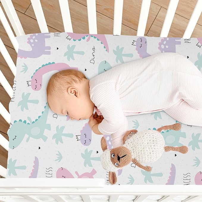 Fitted Crib Sheets Dinosaur Princess Pink Green Stretchy Portable Playard Sheets for Baby Toddler, Breathable Soft Mini Crib Mattress 39 x 27 in for Boys and Girls