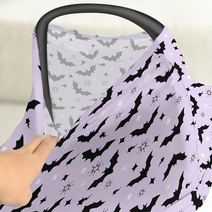 Purple Pastel Halloween Baby Car Seat Covers Black Bat and Stars Stretchy 5-in-1 Cover Adjustable Infant Carseat Canopy Cover Spooky Halloween Night Breathable Nursing Cover-Up