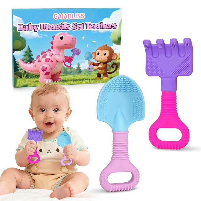 Baby Teething Toys, Baby Teether Toys Shovel & Rake Silicone Teethers for Babies 0-6 Months 6-12 Months, Multi-Texture Gum Massage Teething Relief Easy Grip for Infants Newborn Toddler, 2 Pack
