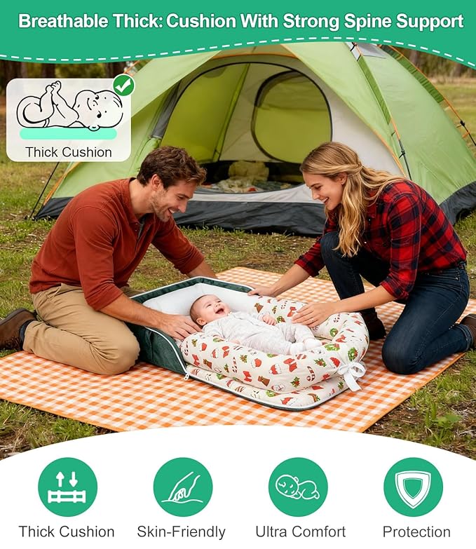 Baby Lounger, Portable Foldable Travel Lounger for Newborn 0-12 Month, Washable Lightweight Infant Nest with Canopy, Soft Breathable Baby Nest with Adorable Pattern, Home & Outdoor Use