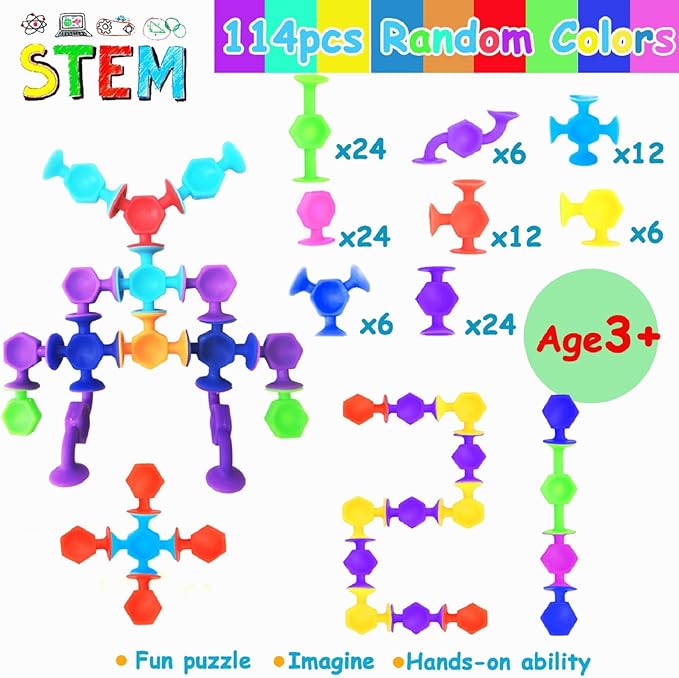 114pcs Suction Cup Bath Toys for Kids, Travel Essentials for Toddlers, Classroom Fidget Sensory Montessori Toy for 2-4, Stocking Stuffers Bathtub Toys for Ages 3-8 Boys Girls Autism