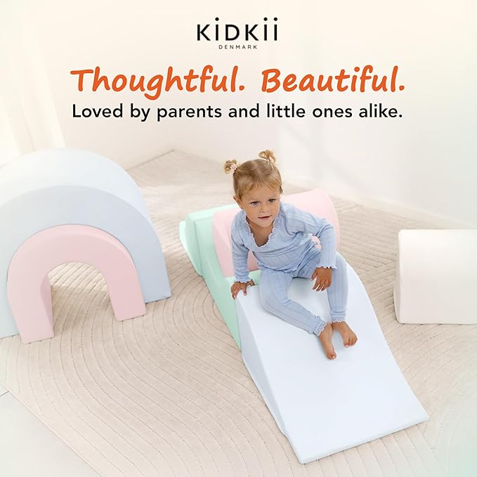 Kidkii Rainbow Play Set 7-Piece Foam Climbing & Motor Skill Play Kit, Indoor Activity Play System Set with Climbable Shapes for Toddlers, Pastel Mix