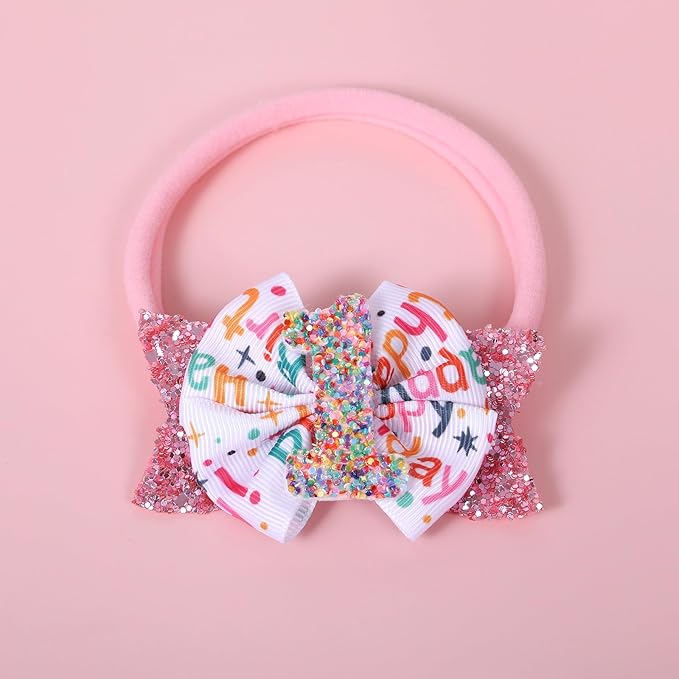 Glitter Pink Birthday Bow Headband for Women Her First Happy Birthday Gift Cute 1st Sprinkle Confetti Ice Cream Party Dress Decorations Accessories