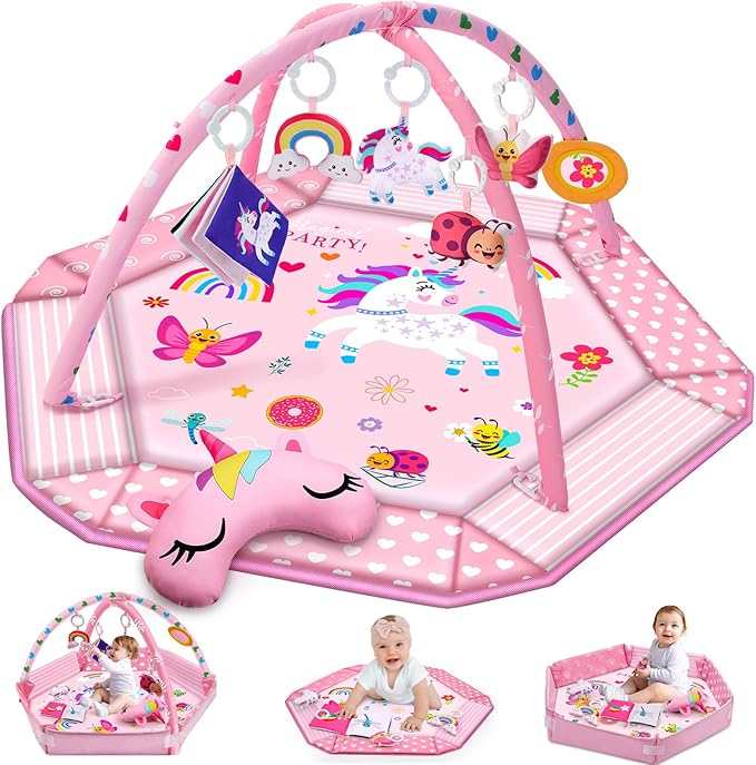 Windidi Unicorn Baby Gym Play Mat, 9-in-1 Tummy Time Mat with 7 Baby Toys, Washable Baby Activity Mat for Visual, Sensory, Motor Development, Newborn Baby Toys Gift for Toddler 0-3-4-6-9-12 Months