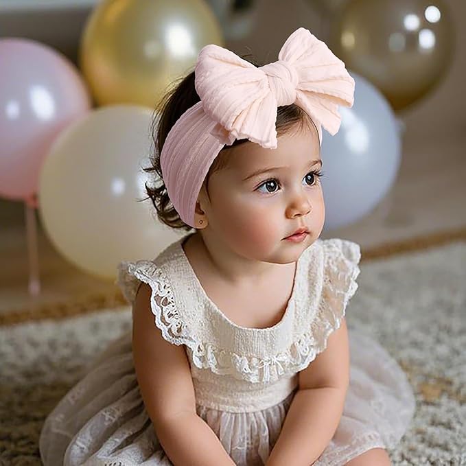 LemonSpace Handmade Baby Bows for baby girls Stretchy Nylon Hair Bands Hair Accessories with Headbands Bows for Newborn Baby Girls Infant Toddlers Kids Bow(Pink Brown light Beige)