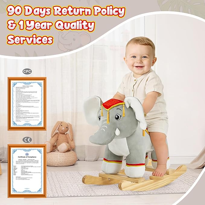 FUNLIO Thai Elephant Baby Rocking Horse for Toddlers 1-3 Years, Cute & Graceful Gray Elephant Rocker for Baby, Stuffed Plush Ride-on Rocking Animal, Easy to Assemble, CPC & CE Certified