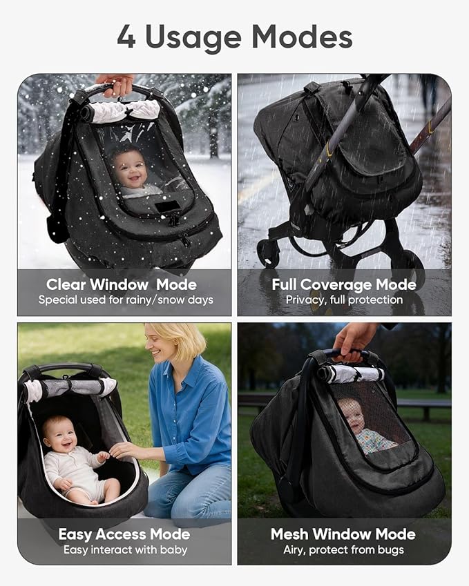 TinlyFinly Waterproof Car Seat Cover for Baby, 2-Layer Car Seat Rain Cover with Clear Window & Sunshade & Mesh Cover, Universal Infant Carseat Canopy for Stroller, Protect from Rain and Snow - Black