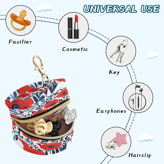 Pacifier Holder with Clip Pacifier Case for Diaper Bag Round Baby Pacifier Pouch Box Bag Portable Red Poppy and Leaves