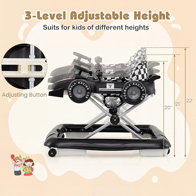BABY JOY 4-in-1 Baby Walker, Foldable Activity Walker with Push Mode, Adjustable Height, Lights, Anti-Rollover, Baby Walker with Wheels for Boys Girls 6-18 Months (Black)