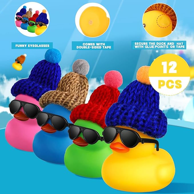 Chivao 12 Pcs Mini Rubber Ducks with Sunglasses/ Glasses and Hats/ Necklace, Cruise Rubber Ducks in Bulk Small Bathtub Toy for Hiding Party Favor(Fresh Color,Vivid Style)