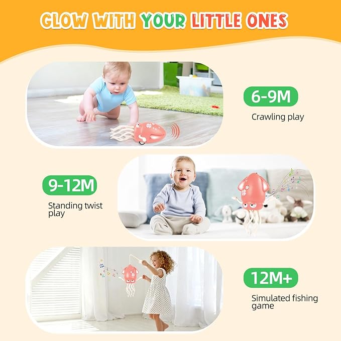 Magic Dancing Octopus Toy, Squid Crawling Toy with LED Light & Music, USB Rechargeable Interactive Baby Toys, Tummy Time Toys for Toddler Boys Girls Birthday (Pink)